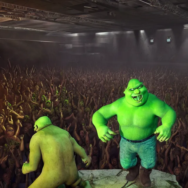 Image similar to ultra shrek performing on his yeezus tour, dark cinematic, volumetric, realistic, 3 d render, cinematic lighting, ray tracing, cinematic, unreal engine 5, unreal engine render, octane render, hyper realistic, photo, 8 k