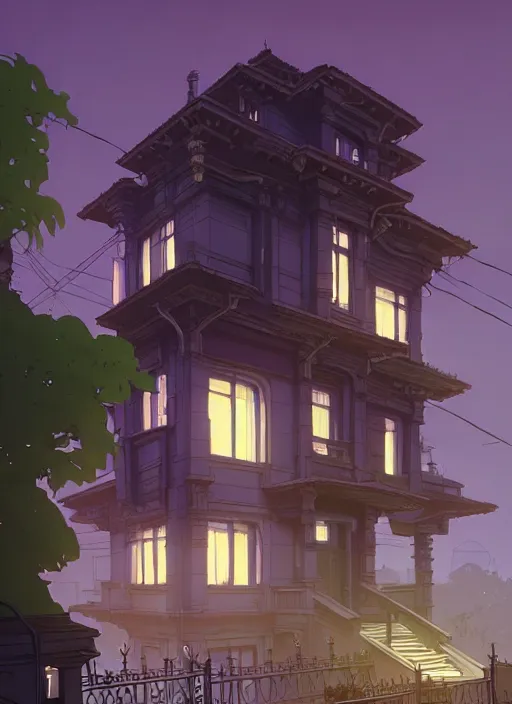 Image similar to highly detailed building villa style in urban area architectural concept in foucs mod by atey ghailan, james gilleard, by joe fenton, by greg rutkowski, by greg tocchini, by kaethe butcher, 4 k resolution, gradient purple, brown black and white color scheme!!! ( ( green flaming robotic sewer background ) )