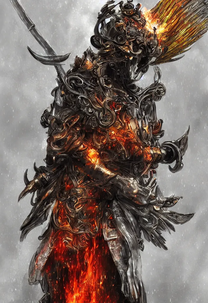 Image similar to a samurai mask worn by an angel with very big wings and a flaming sword standing in the rain, digital art, concept art, deviantart. highly detailed