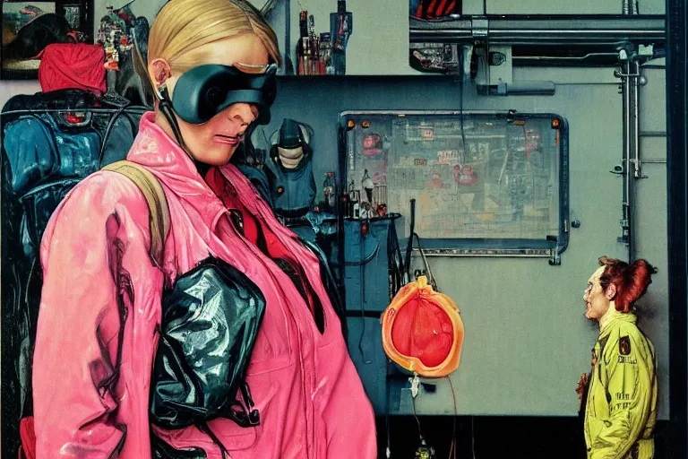 Image similar to a sad 2 7! years old woman!! gloomy, neons, plastic jacket!! cyberpunk!! by norman rockwell!!!
