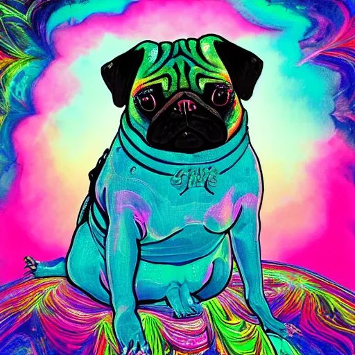 Prompt: psychedlic demonic iridescent London web pug plastic loch backpack , by Benoit B. Mandelbrot and Brothers Hildebrandt and Artemisia Gentileschi , synthwave , fine art , tarot card