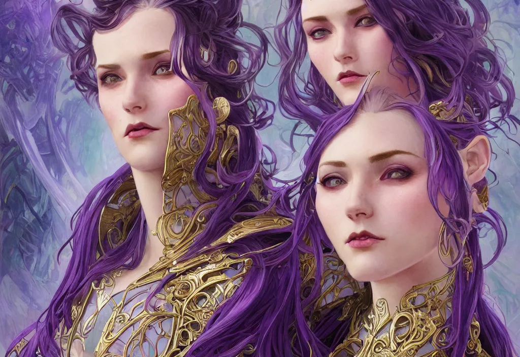 Prompt: close up portrait vampire with purple hair in sci - fi bionic armor, highly detailed, very intricate, art nouveau, gold filigree, romantic storybook fantasy, soft cinematic lighting, award - winning, disney concept art watercolor illustration by mandy jurgens and alphonse mucha and alena aenami, pastel color palette, featured on artstation