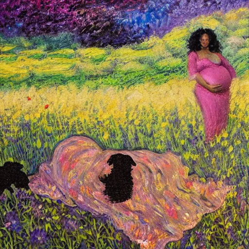 Image similar to pregnant black woman with curly hair in a vast field of flowers, laying down, a tiny black puppy running around, golden hour, vintage, impressionist painting, fine art, oil painting, dreamy, pastel, laughing, happy, intricate details, sharp, peaceful, serene