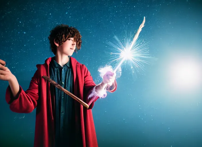 Image similar to a young adult wizard with very detailed face, hair clothes and shoes holds their wand fiercely in their hand from which a blast of bright magic flies from the end of the wand, on an empty moonlit hill, dramatic lighting, lens flare, 3 5 mm full frame professional photography, kodachrome