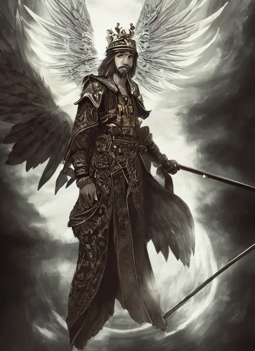 Prompt: a highly detailed illustration of Hiroyuki Sanada as wizard wearing ornate black robe and mage hat, dramatic floating pose, with divine guardian angel floating behind him, intricate, elegant, highly detailed, centered, digital painting, artstation, concept art, smooth, sharp focus, league of legends concept art, WLOP