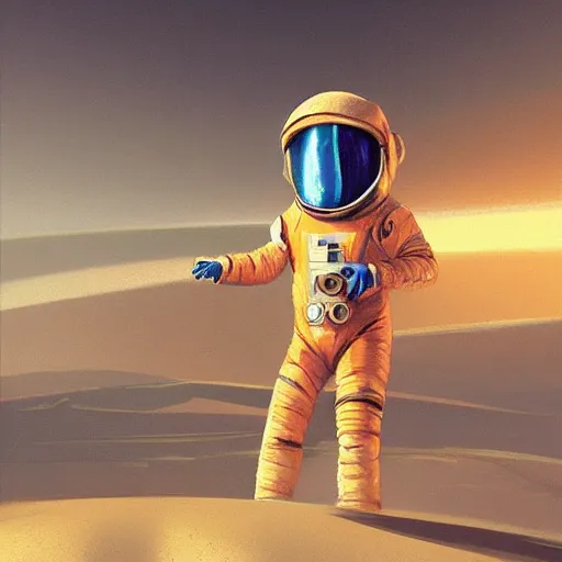 Prompt: helmet astronaut on fruit orange planet, artstation, ultra realistic, by raphael lacoste and danny villneuve