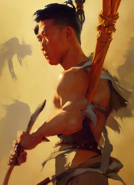 Prompt: greg manchess side portrait of a filipino fighter with a scepter, organic painting, sunny day, matte painting, bold shapes, hard edges, street art, trending on artstation, by huang guangjian, gil elvgren, ruan jia, randy vargas, greg rutkowski