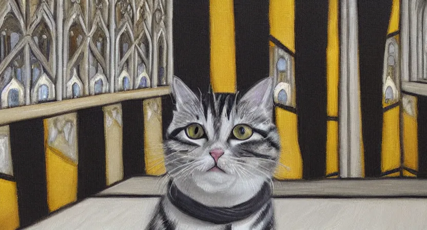 Image similar to oil painting extreme wide shot of a white and grey tabby cat wearing a black yellow striped hufflepuff scarf, in the Gloucester Cathedral cloisters, digital painting, high detail, award-winning, playful