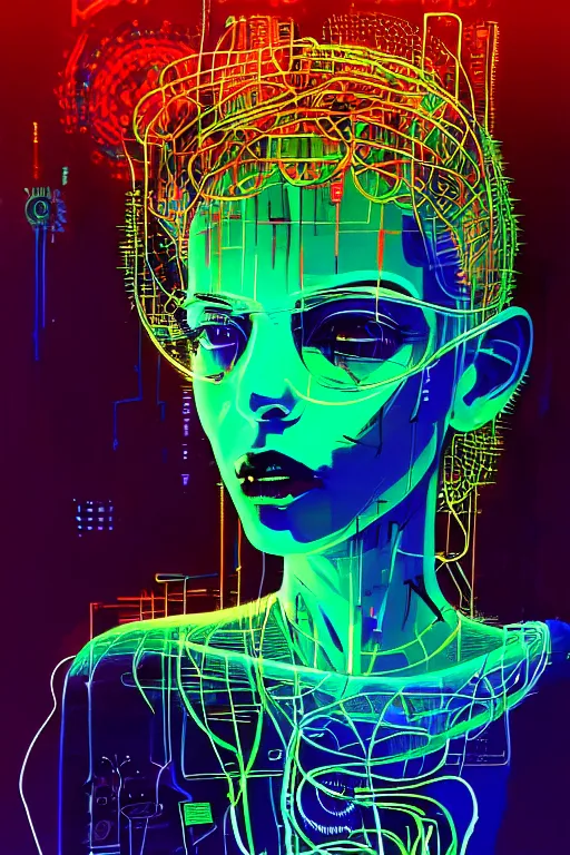 Image similar to dreamy cyberpunk girl, abstract smoke neon, digital nodes, computer network, beautiful woman, detailed acrylic, grunge, intricate complexity, by dan mumford and by alberto giacometti, jean - michel basquiat