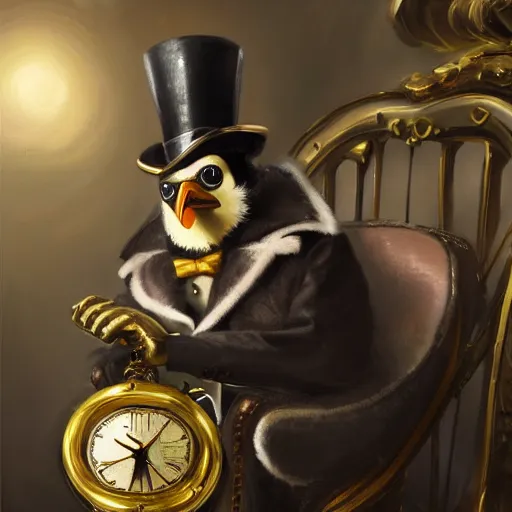 Prompt: oil painting of grumpy rich steampunk penguin, sitting in fancy chair, wearing top hat, holding gold watch, steampunk factory background, sharp focus, fantasy style, octane render, volumetric lighting, 8k high definition, by greg rutkowski, highly detailed, trending on art Station, magic the gathering artwork, centered, deviantart,