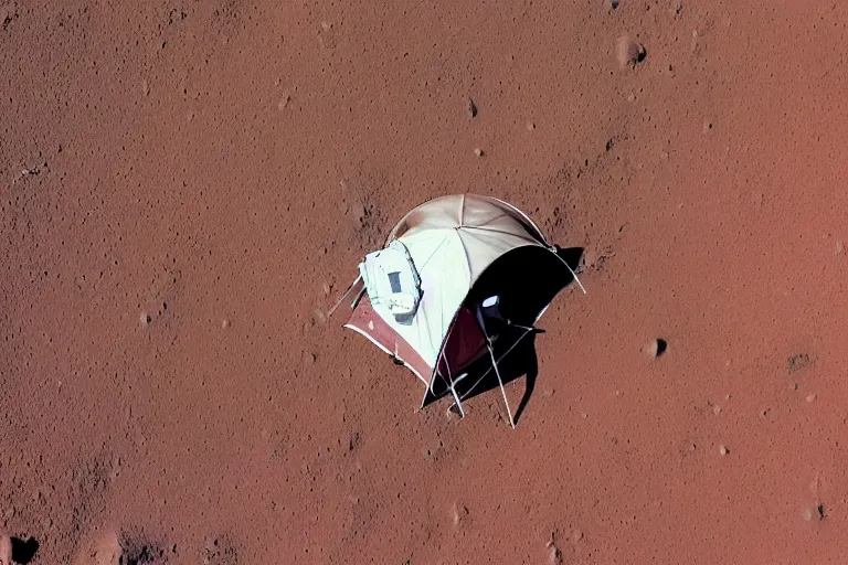 Prompt: photograph of an astronaut living in a tent lonely in Mars