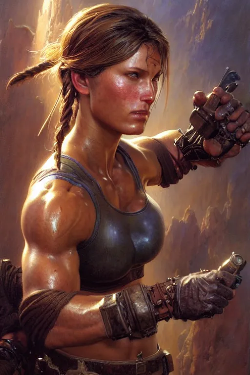 Image similar to muscular sweat lara croft wearing final fantasy armor, exhausted face close up, highly detailed painting by gaston bussiere, craig mullins, j. c. leyendecker 8 k