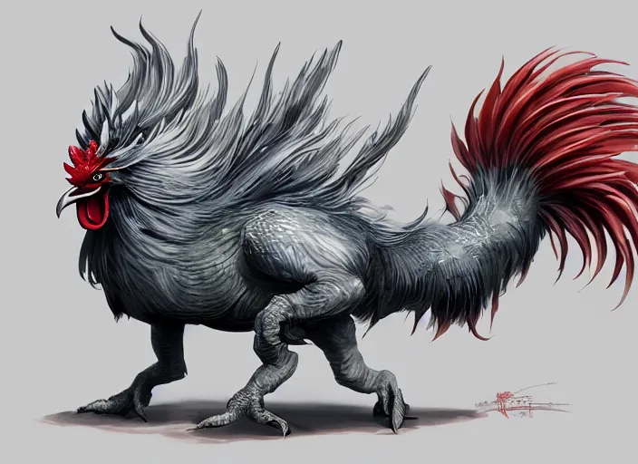 Prompt: detailed concept art of a huge rooster monster creature by cheng yi and luolin, artstation, artstationhd