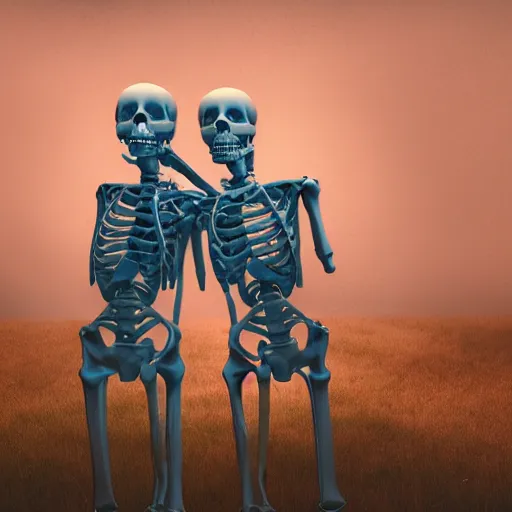 Image similar to A portrait of two skeletons locked hugging as their torso emerges from a portal by Beeple