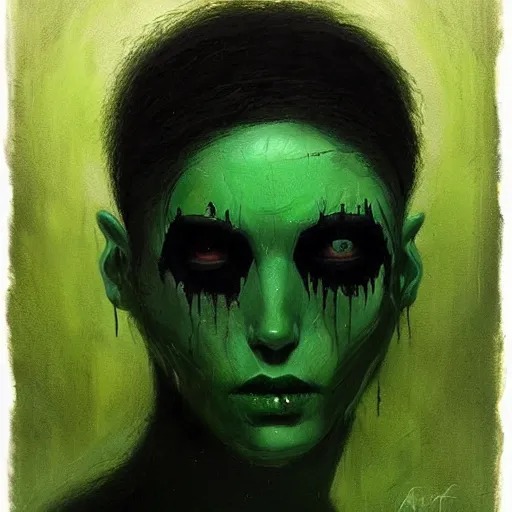 Prompt: sad man, half of face is gone, green and black, despair, paint escaping mind, by Anato Finnstark, Tom Bagshaw, Brom