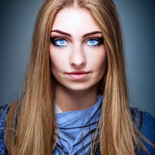 Prompt: Her eyebrows were a shade darker than her hair. They were thick and almost horizontal, emphasizing the depth of her eyes. Her face was captivating by reason of a certain frankness of expression and a contradictory subtle play of features. Her manner was engaging. Blue eyes, full body shot, 8k,