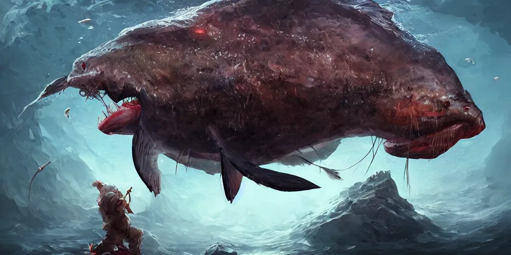 Image similar to giant colossal anglerfish from the depths, concept art, digital illustration, trending on artstation, deviantart, artgerm, epic composition, masterpiece, highly detailed, advanced technique, ambient lighting, wlop, ross draws