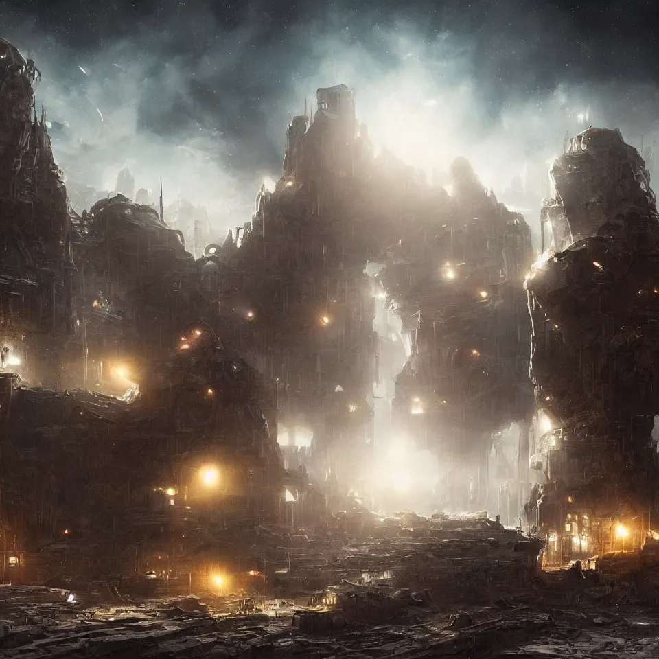 Image similar to beautiful painting of old buildings on a distant planet with broken advanced technology with led lights working, epic composition, epic lighting, by christopher nolan