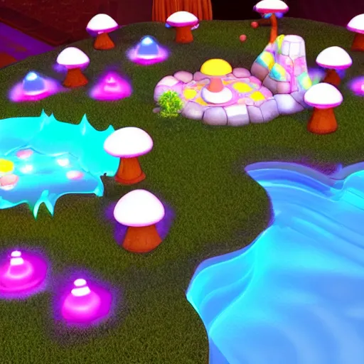 Prompt: isometric view of 3 d play - set : : glowing rosalina mushrooms around short fountain : : stylized 3 d