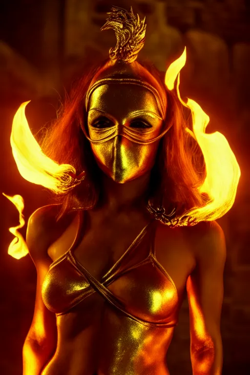 Image similar to a woman wearing golden mask, hair like fire, muscular, in dark soul