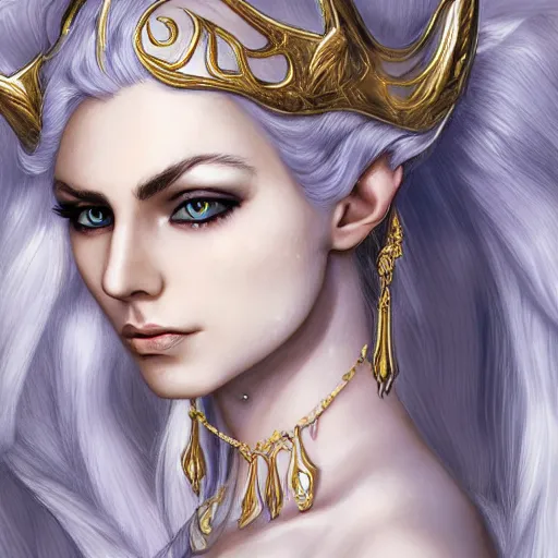 Prompt: side portrait of a young female elven royalty, princess, fantasy, white hair, gold armour, gold jewelry, white skin, white eyes, detailed face, trending on artstation, gsociety, D&D, elegant, highly detailed, realistic eyes, detailed illustration, smooth, sharp focus, upper body, intricate, rule of thirds, holy glow, backlit, hd 4k by Greg Rutkowski, Alphonse Mucha, Ayami Kojima, Charlie Bowater, Kentaro Miura, Karol Bak, Greg Hildebrandt, Norman Rockwell