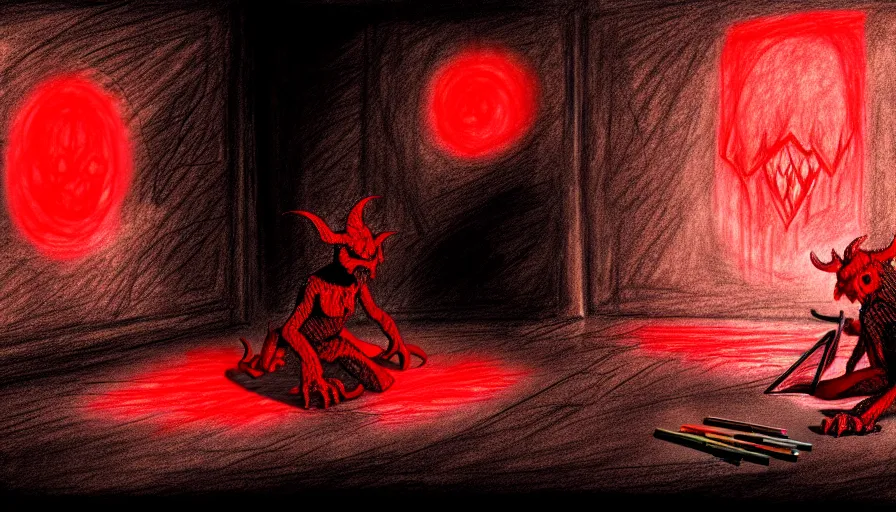 Prompt: a red horned shadow monster crouching down, observing a child drawing with crayons on pieces of paper scatter over the floor of an empty room, digital art, dark fantasy, concept art