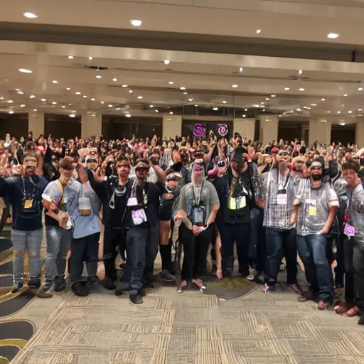 Prompt: A bunch of nerds at DEF CON linecon