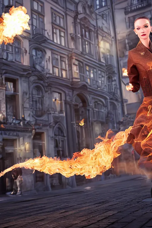 Prompt: in the foreground a street of Saint Petersburg, in the background a magnificent blond woman spitting flames with her hands wearing a long jacket like a matrix, realistic, high definition, many details, dramatic scene, detailed and realistic hands, symmetrical face, realistic eyes, art of unreal engine 5