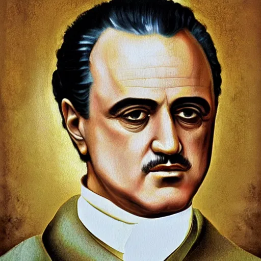 Image similar to a renaissance style portrait painting of Vito Corleone