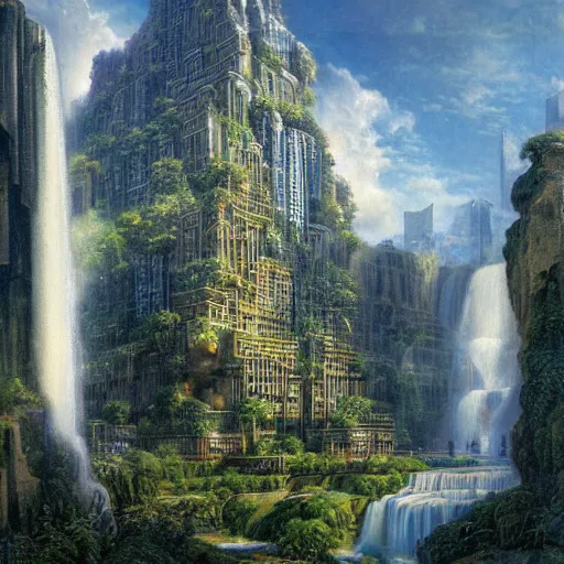 Prompt: waterfall city by james gurney