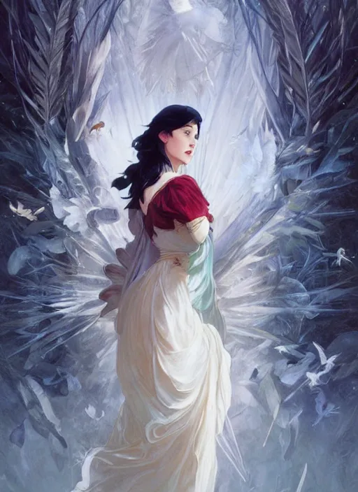 Image similar to portrait of snow white, birds, white spike aura in motion, floating pieces, painted art by tsuyoshi nagano, greg rutkowski, artgerm, alphonse mucha, spike painting