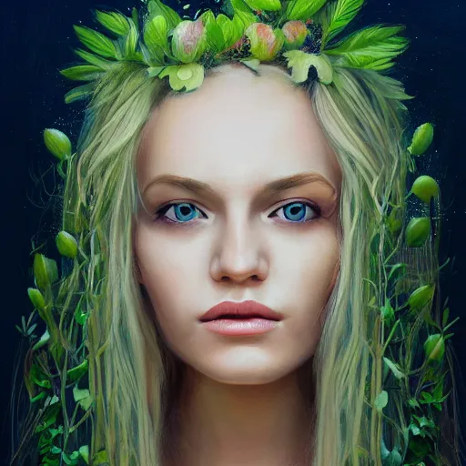 Image similar to a symmetrical portrait of a blonde woman with plants in hair, oil painting, pale colors, high detail, 8 k, wide angle, trending on artstation,