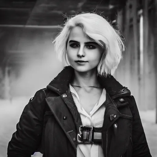 Prompt: ciri in an industrial soviet city, air pollution, fog, dslr 5 0 mm portrait photo