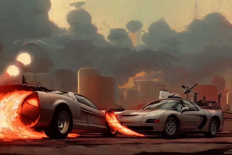 Image similar to 2 0 0 1 space odyssy diesepunk honda nsx mad max speeding through a burning fuel depot chase laser weapons by greg rutkowski makoto shinkai takashi takeuchi studio ghibli, akihiko yoshida