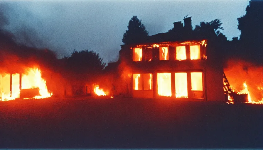 Image similar to 1 9 7 0 s movie still of a burning french style house in a small french village by night, cinestill 8 0 0 t 3 5 mm, heavy grain, high quality, high detail, dramatic light, anamorphic, flares