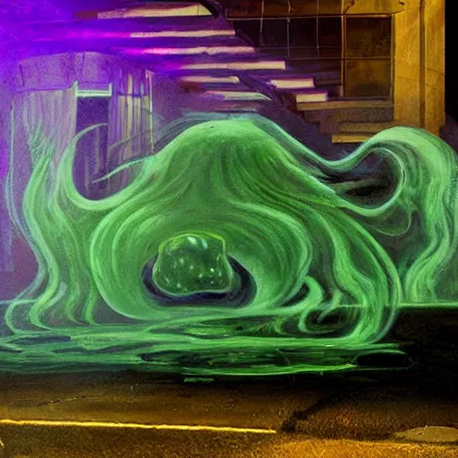 Prompt: a being of green ghostly viscous slime ooze making its way through abandoned midnight suburban streets, inevitable doom, ooblek, wisp lights, rhads,