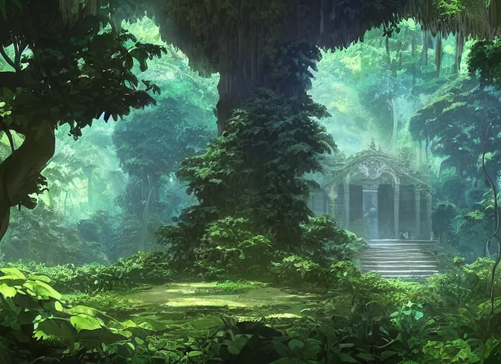 Prompt: a lost temple deep in the jungle, overgrown with vines and trees by makoto shinkai, digital art