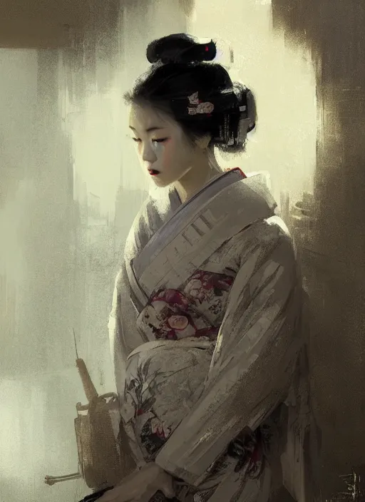 Image similar to female geisha girl, beautiful face, rule of thirds, intricate outfit, spotlight, by greg rutkowski, by jeremy mann, digital painting