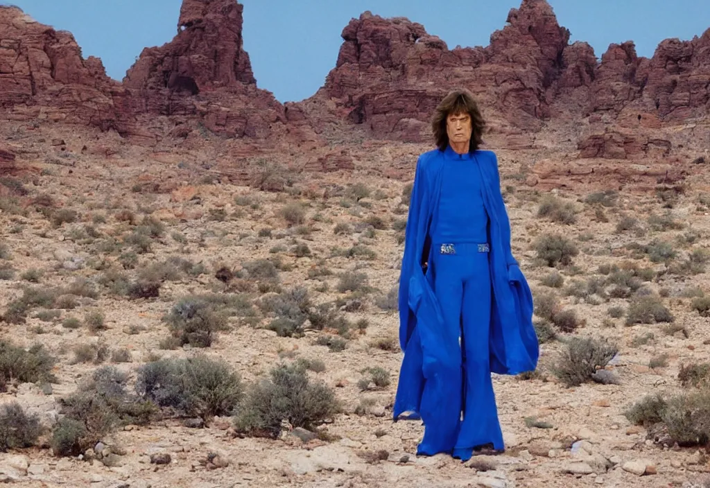 Image similar to mick jagger dressed in blue costume with many jewels in a dry rocky desert landscape, ultradetailed alien complex city and giant alien spaceship in the background, by christopher doyle and alejandro jodorowsky, anamorphic lens, kodakchrome, cinematic composition, masterpiece, 8 k