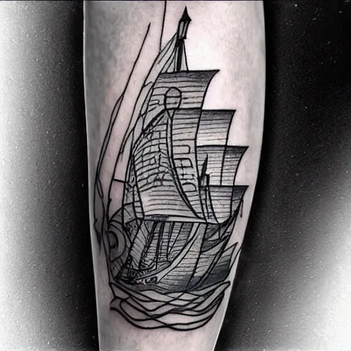 Image similar to a pirate ship sailing in the sea, realism tattoo design, amazing shades, clean white paper background, in the style of Matteo Pasqualin