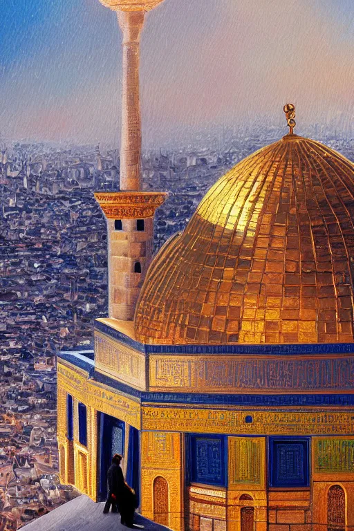Image similar to a beautiful oil painting flyer design illustration of dome of the rock jerusalem and a man is praying to god in front of it, intricate, elegant, highly detailed, digital painting, artstation, concept art, smooth, sharp focus, illustration