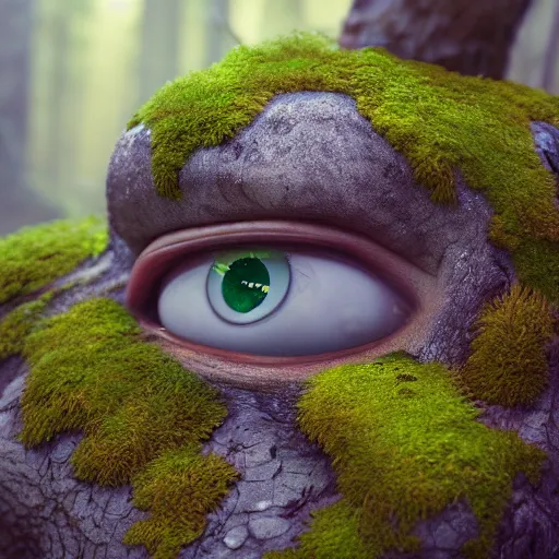 Prompt: a highly detailed digital painting of a tiny cute mossy forest creature by bobby chiu, trending on artstation, octane render, 4 k, unreal 5, big amber eyes, smiling, at sunset, macro photography, goro fujita