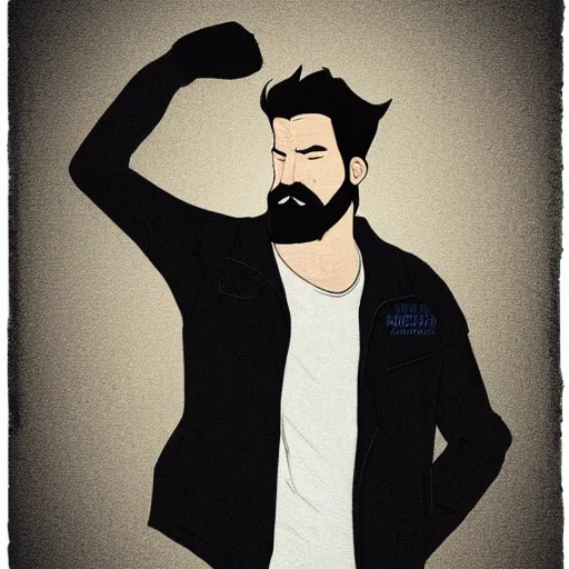 Image similar to a drawing of a man with black hair and beard, wearing a black jacket, white shirt and blue jeans, holding his hands up to his face, illustration, realistic, 8 k, atmospheric, moody, in the style of diego koi