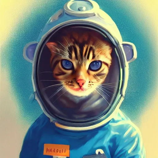 Image similar to head and shoulders masterpiece portrait of a cute adorable cat wearing a spacesuit, surreal background, digital art by krenz cushart, trending on artstation, cgsociety,