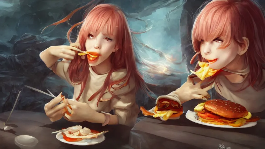 Image similar to waifu eating borgar , fantasy artwork, award winning, very very very very very very very beautiful, artstation