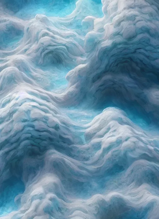 Image similar to high intricate melting tremella - fuciformis formed clouds over an ocean surface, maria panfilova, andrea savchenko, mike kime, ludovic plouffe, qi sheng luo, oliver cook, makoto shinkai, trending on artstation