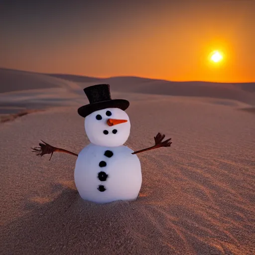 Image similar to a snowman is lost in the desert at sunset, he’s next to a sandcastle, beautiful photography, 8k, ambient light