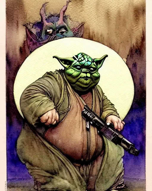 Image similar to a realistic and atmospheric watercolour fantasy character concept art portrait of a fat adorable dirty chibi yoda wearing a wife beater and holding a handgun, by rebecca guay, michael kaluta, charles vess and jean moebius giraud