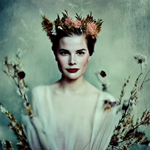 Prompt: fine art photo of grace kelly, she has a crown of dried flowers, by oleg oprisco