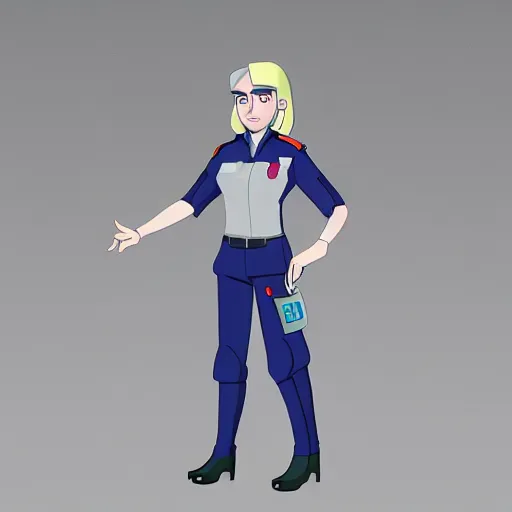 Image similar to a futuristic female security guard in american animation style